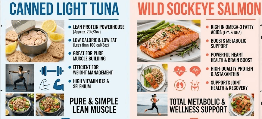 A side-by-side infographic comparing the nutrition of canned light tuna and wild sockeye salmon. The tuna side shows a can of tuna with crackers and a muscle icon, listing benefits like "LEAN PROTEIN POWERHOUSE" and "PURE & SIMPLE LEAN MUSCLE." The salmon side features a cooked salmon fillet with asparagus and heart icons, listing benefits like "RICH IN OMEGA-3 FATTY ACIDS" and "TOTAL METABOLIC & WELLNESS SUPPORT." The graphic has a professional, "Highly Readable" and "Premium Looking" fitness magazine style.