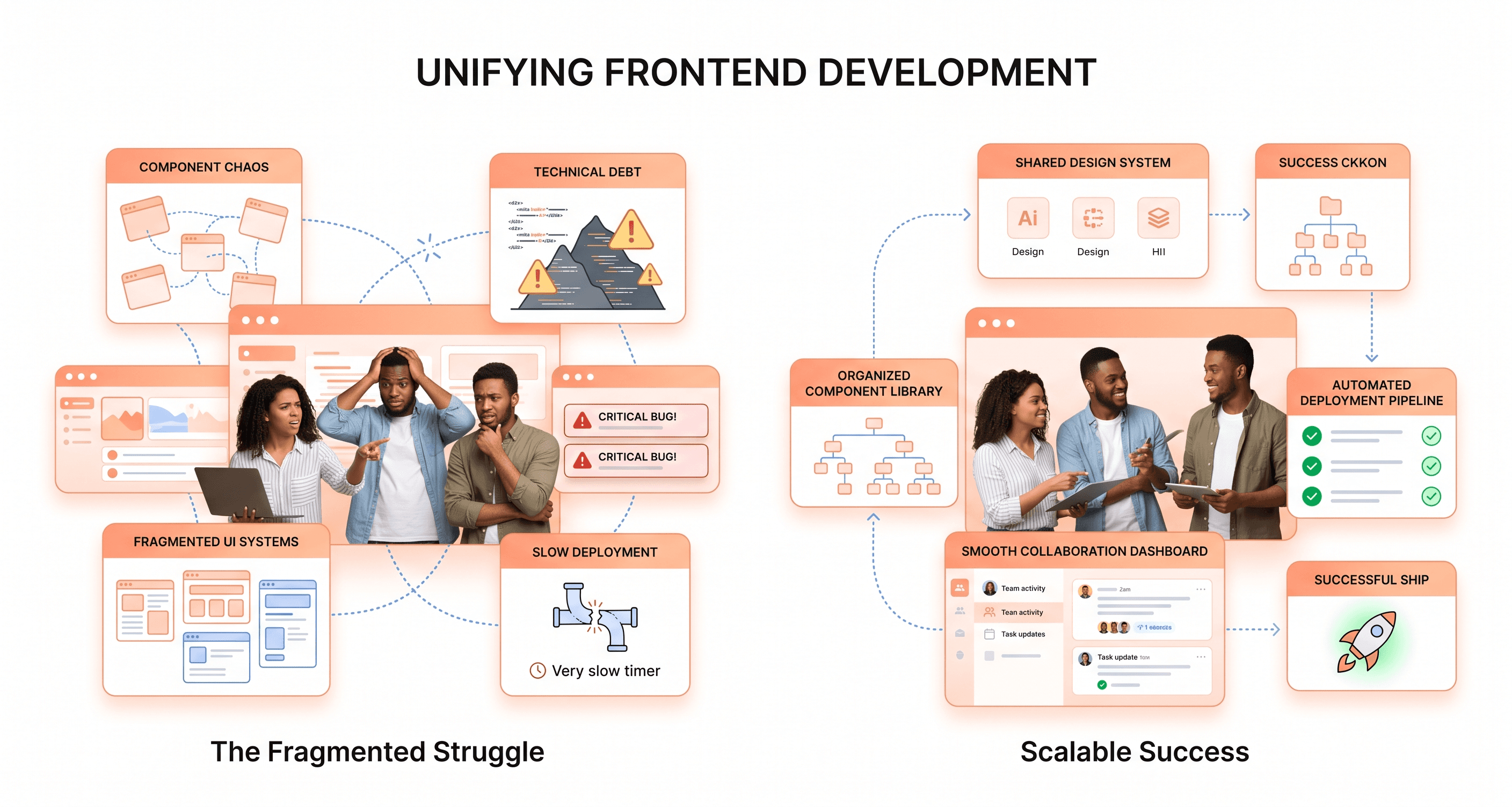 Frontend developers managing fragmented UI systems, technical debt, and slow workflows compared with scalable modern frontend architecture.