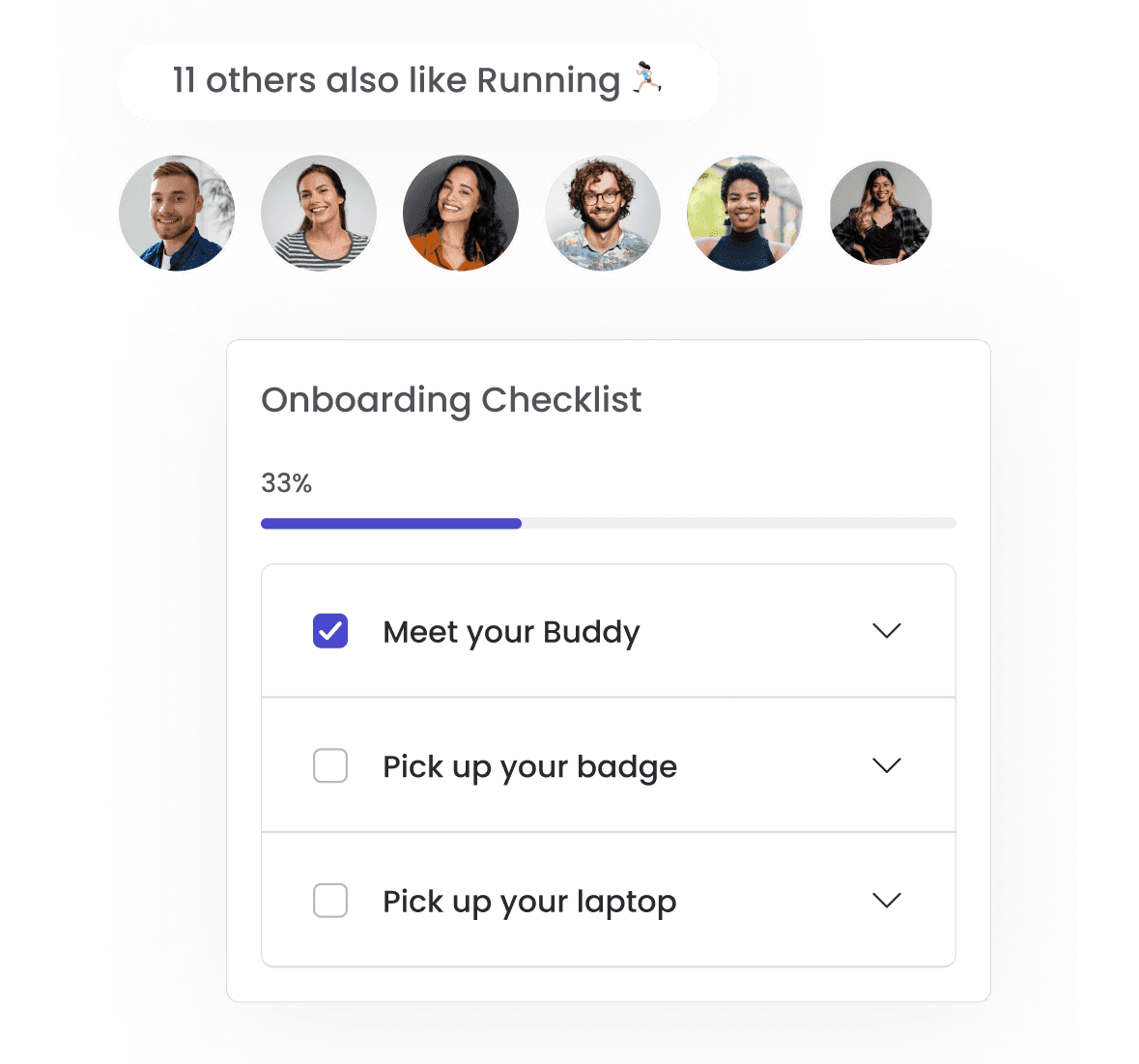 An onboarding checklist with a progress bar, a star rating system for onboarding experience feedback, and a community interest indicator showing employees who share a common hobby like running.