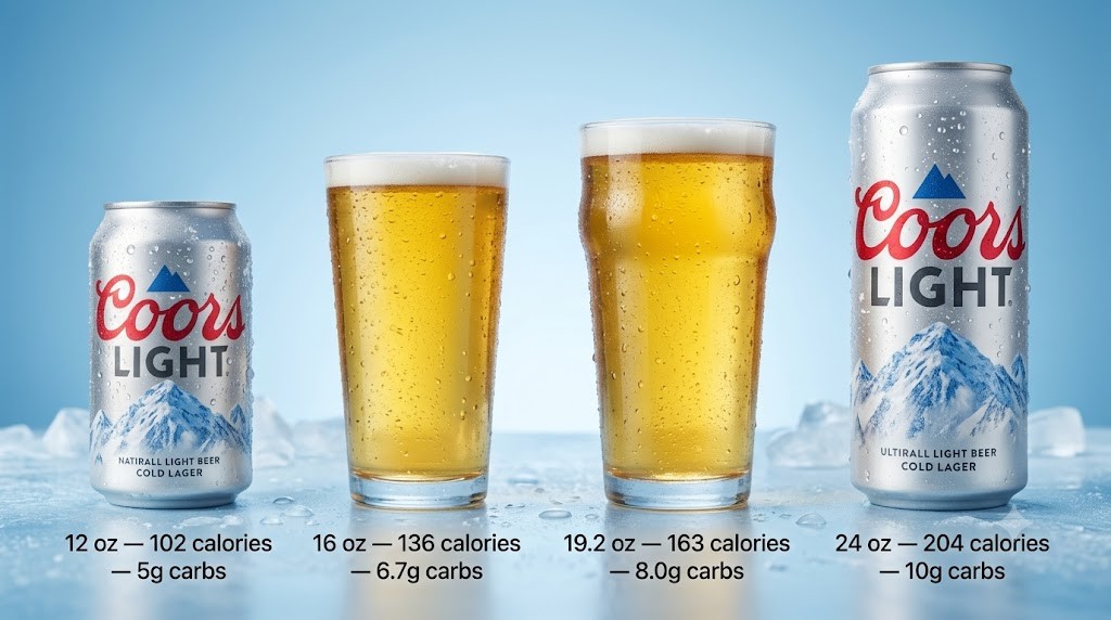 A precise infographic comparison of four Coors Light serving sizes (12oz can, 16oz pint, 19.2oz imperial pint, 24oz large can) arranged from smallest to largest on ice. Under each serving, corresponding nutrition data is displayed showing the increasing volume, calories, and carbohydrates.
