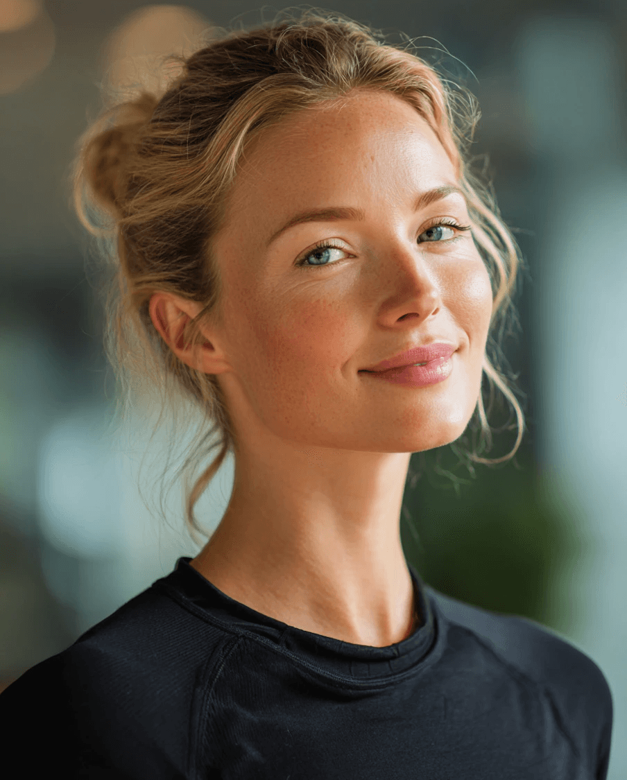 Close-up of smiling blonde woman with blue eyes and hair in bun.