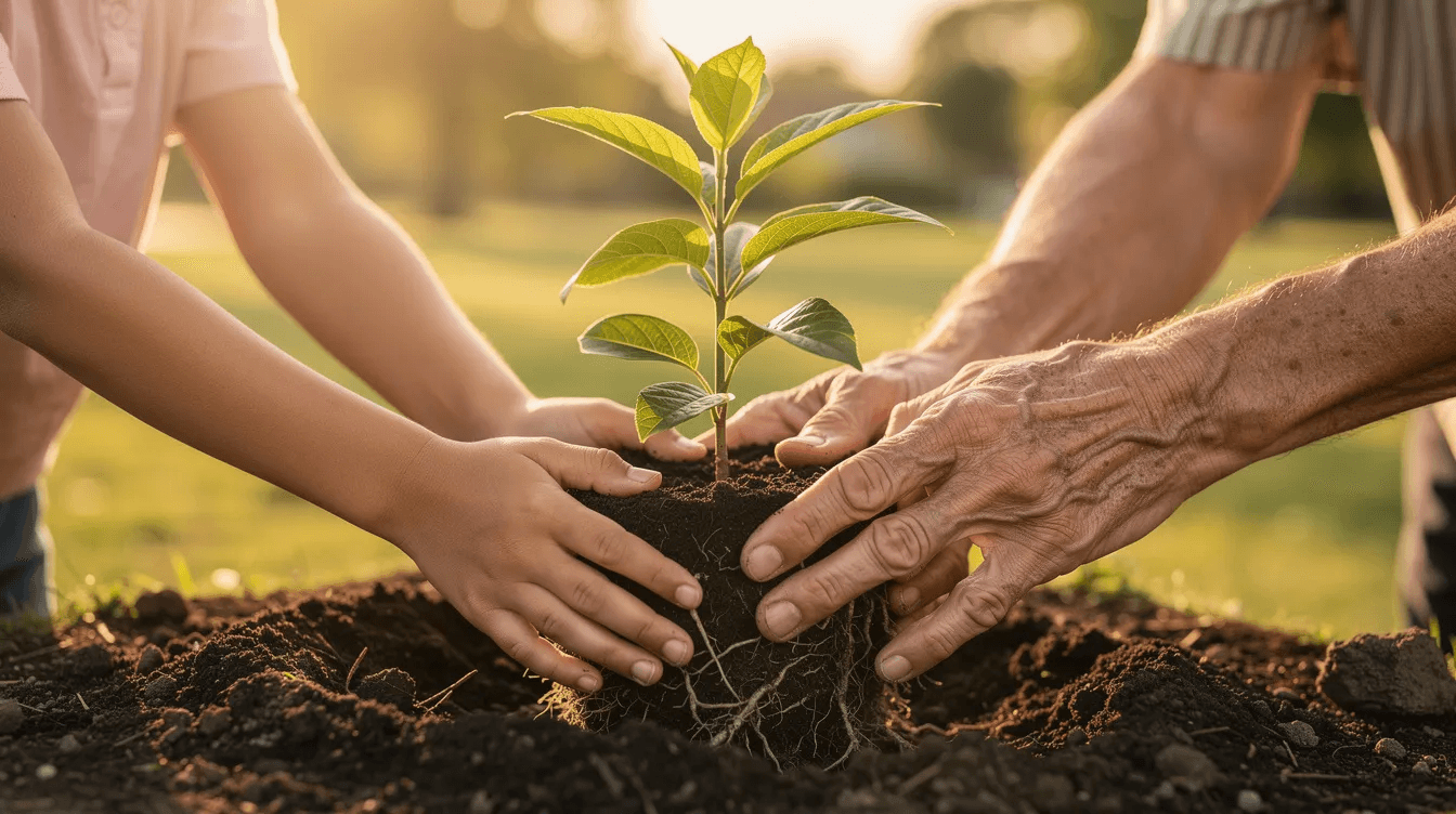 The image depicts two hands working together to plant a young tree, symbolizing growth and the legacy of charitable giving. This act represents the importance of charitable contributions and the potential tax benefits associated with charitable donations, emphasizing a commitment to nurturing both the environment and community.