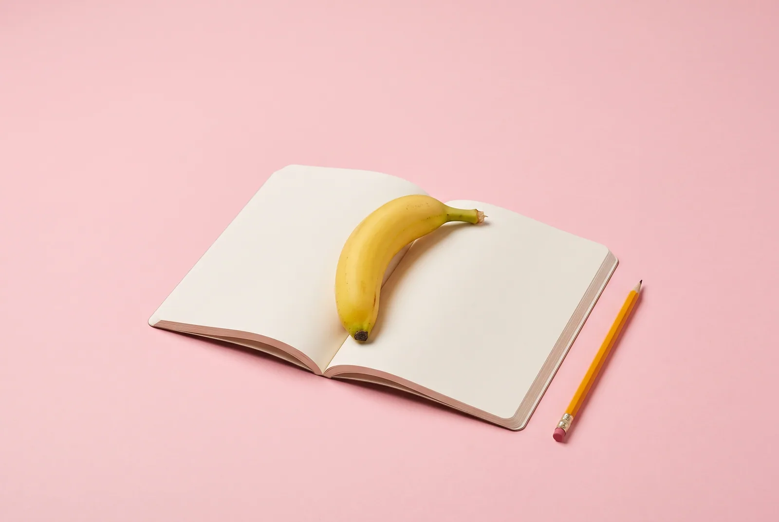 A banana lying across an open blank notebook with a pencil, an urge surfing practice log