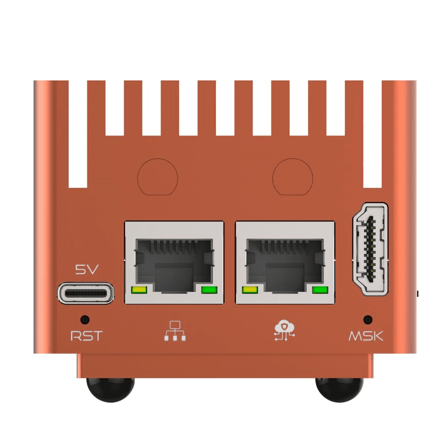 Orange mini-computer rear panel with USB-C, Ethernet, HDMI
