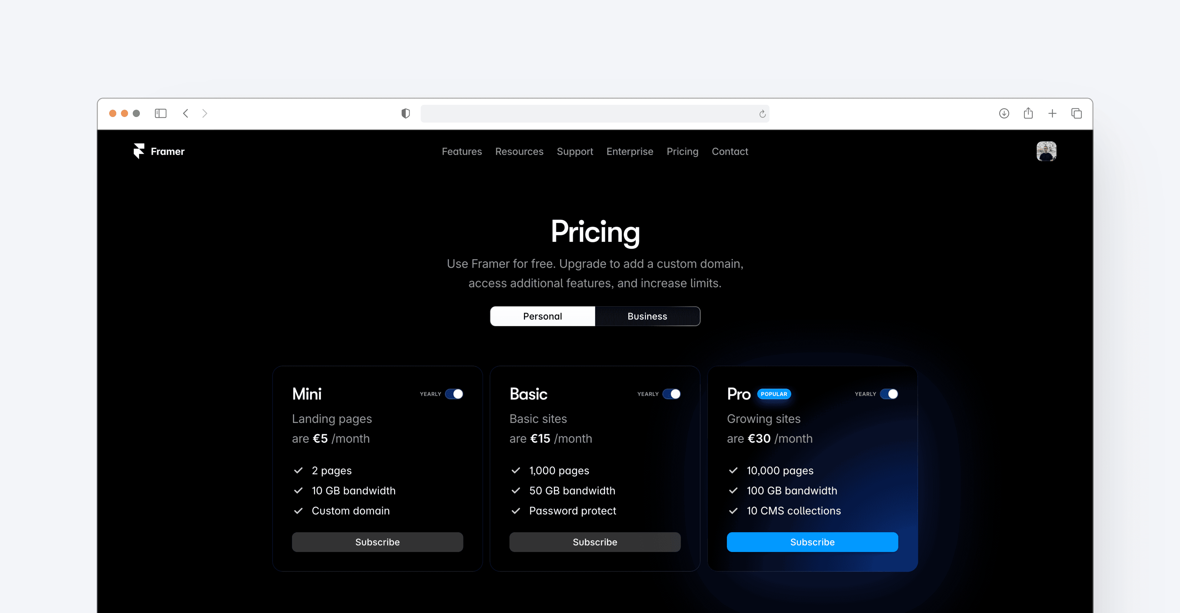 Framer's pricing page