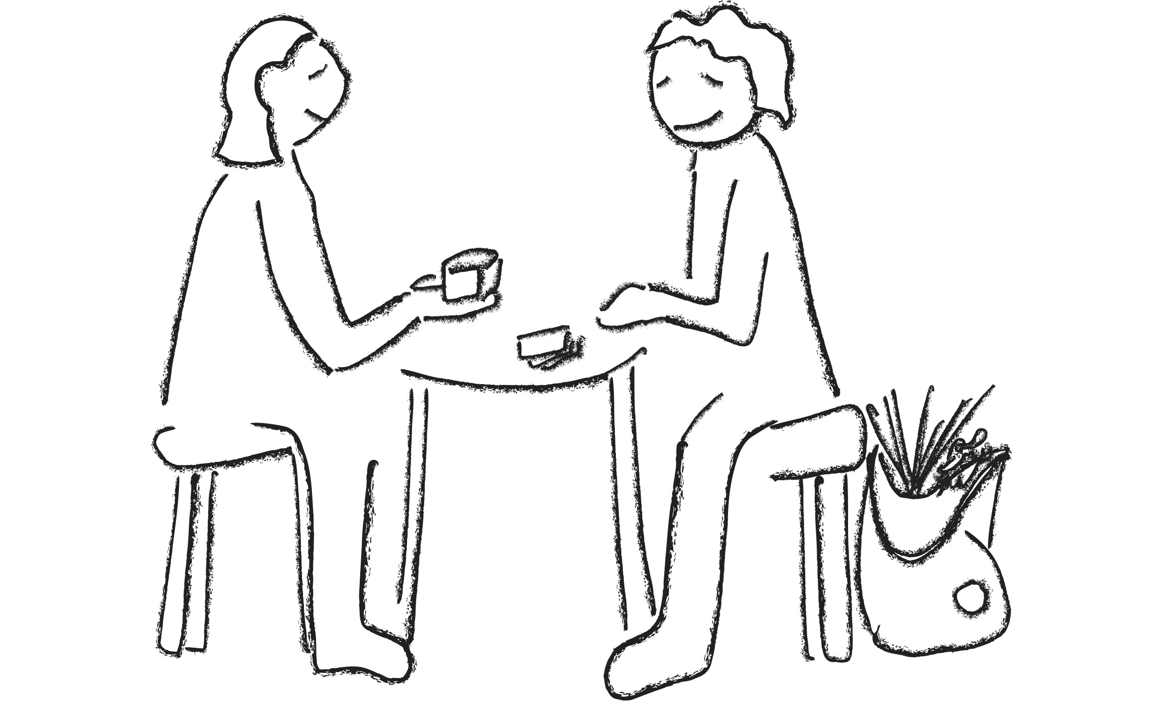 Sketch of a round table with groups of people gathering around it and a whiteboard in the background