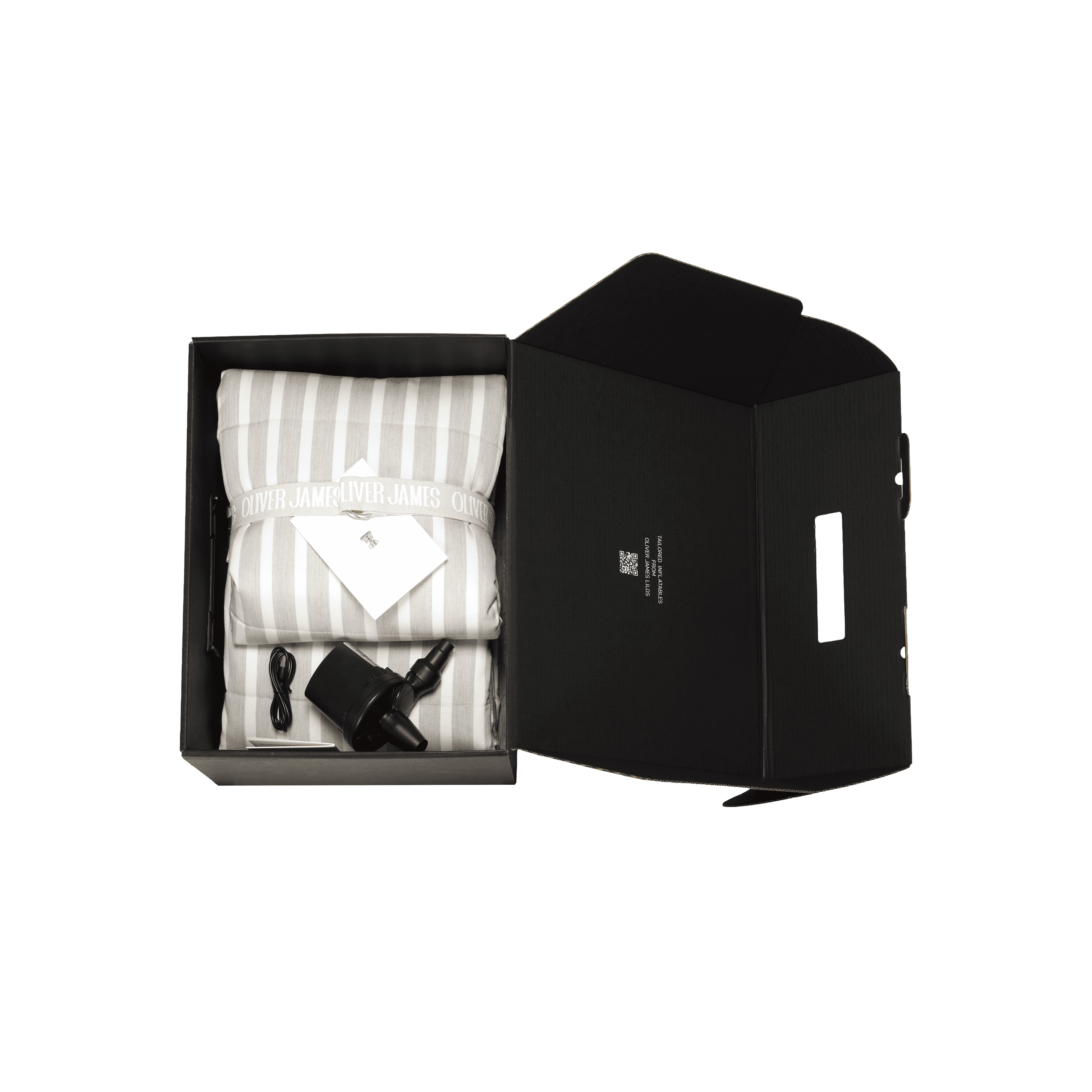 Beige-and-white striped lilo folded in its structured black travel case with branded label and securing straps