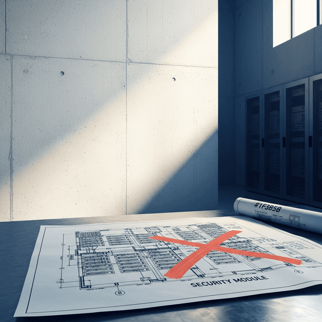 Photorealistic editorial photo of a minimalist, concrete server room with natural light from a high window. In the foreground, a detailed architectural blueprint lies on a brushed metal table. A single, clean red 'X' is drawn over a critical security module on the blueprint, indicating a flaw. The upper-left third of the image is clear, uncluttered space for text overlay. Aspect ratio 16:9. Brand colors #1F3B5B (deep blue) for shadows, #E76F51 (burnt orange) as an accent on a minor detail, and #F5F2EC (off-white) for the walls. No text, no logos.