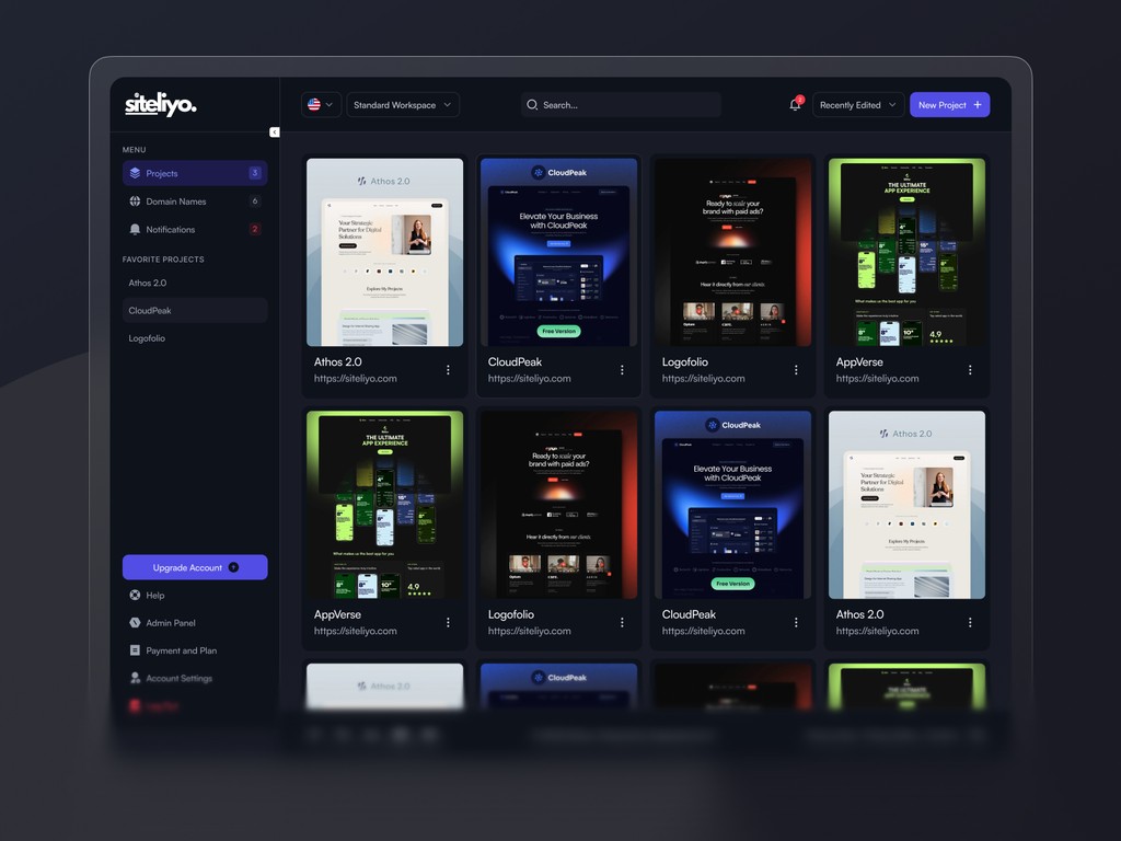 Dark themed component selection panel in Siteliyo with layout, buttons, and form tools showcased in neon blue accents