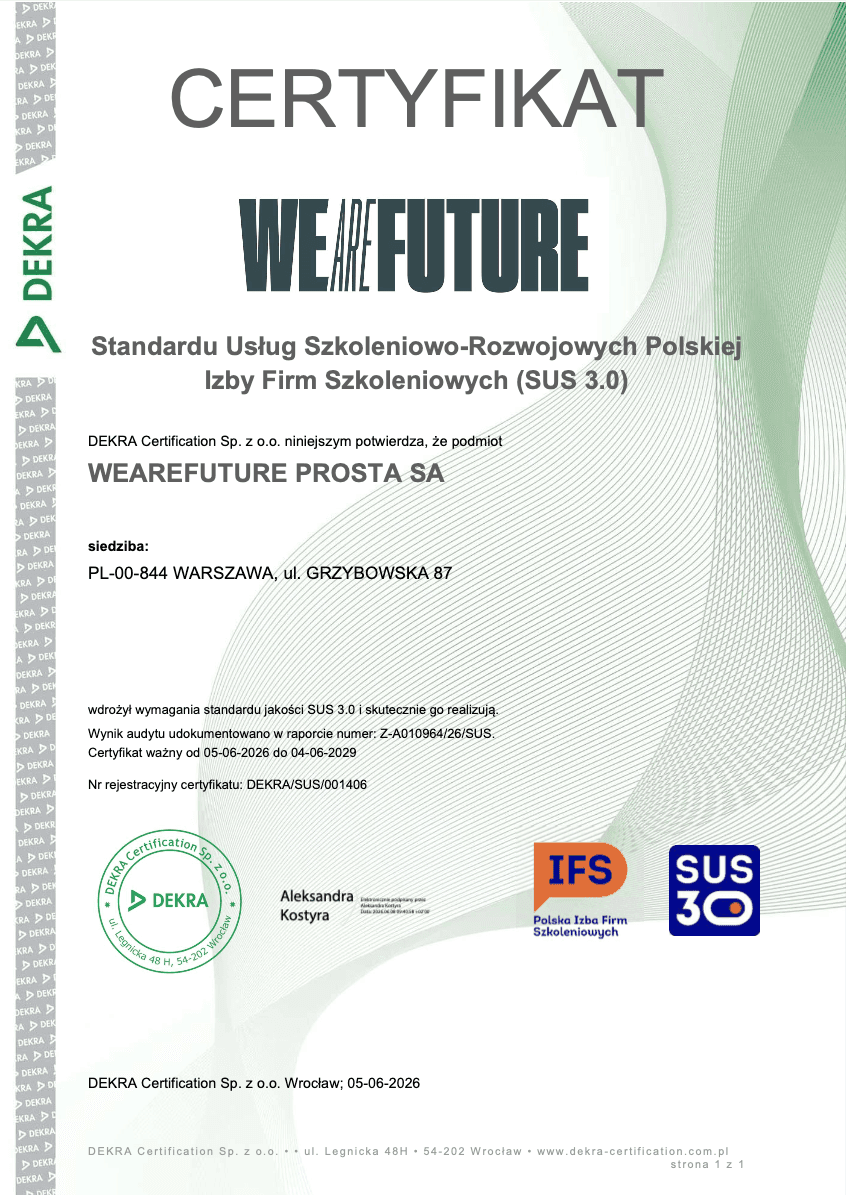 Certyfikat SUS 3.0 WeAreFuture wydany przez Polską Izbę Firm Szkoleniowych