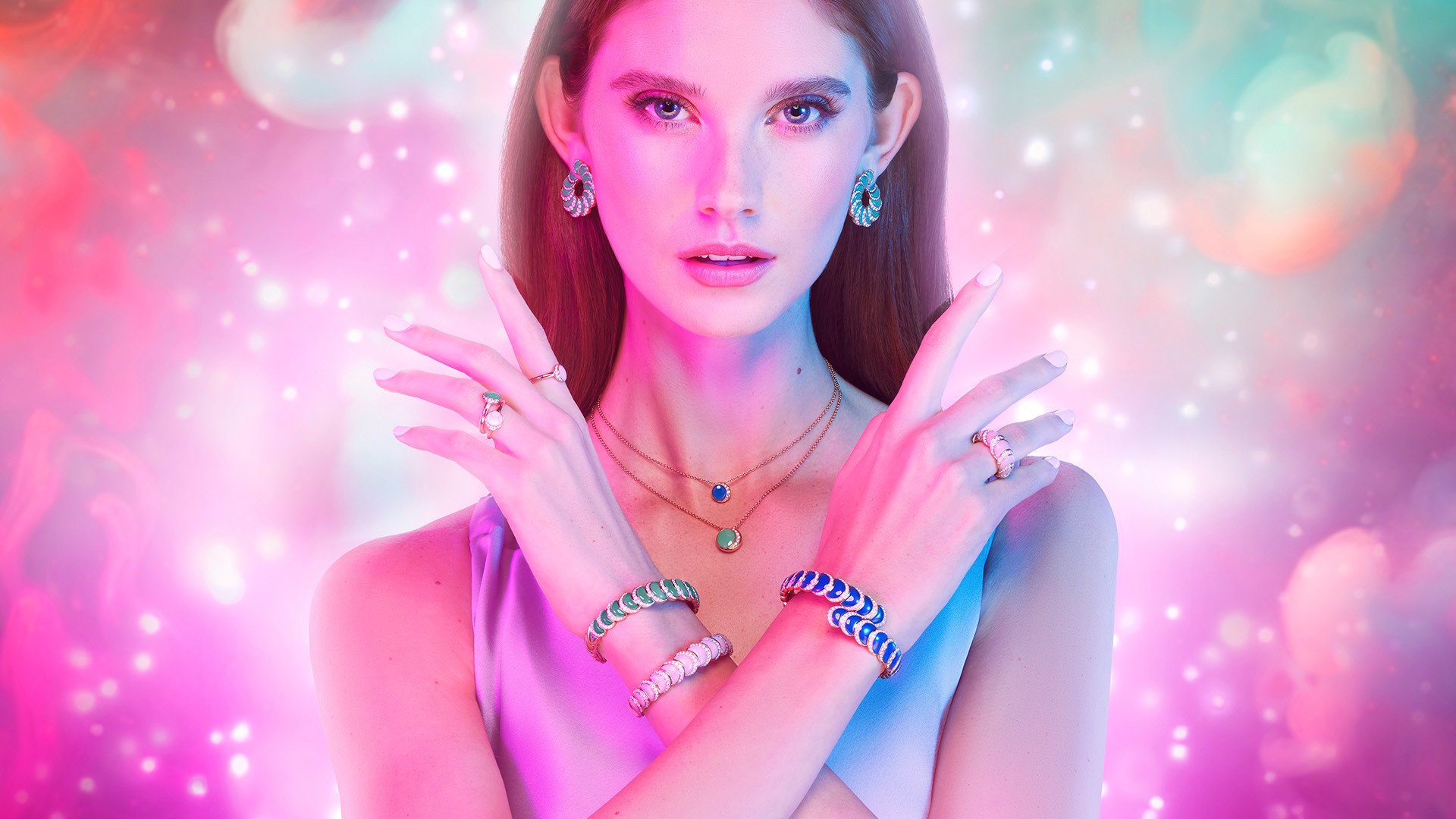 A model wearing David Morris jewlery infront of a AI generated fantasy background