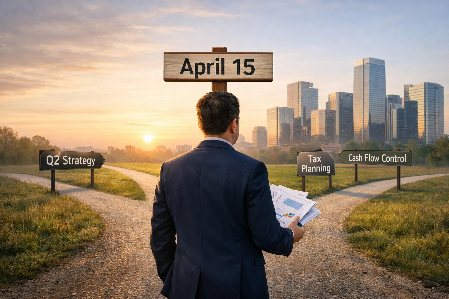Business owner holding financial documents stands at a crossroads with signs for April 15 behind and paths for Q2 strategy, tax planning, and cash flow control ahead, looking focused toward future decisions
