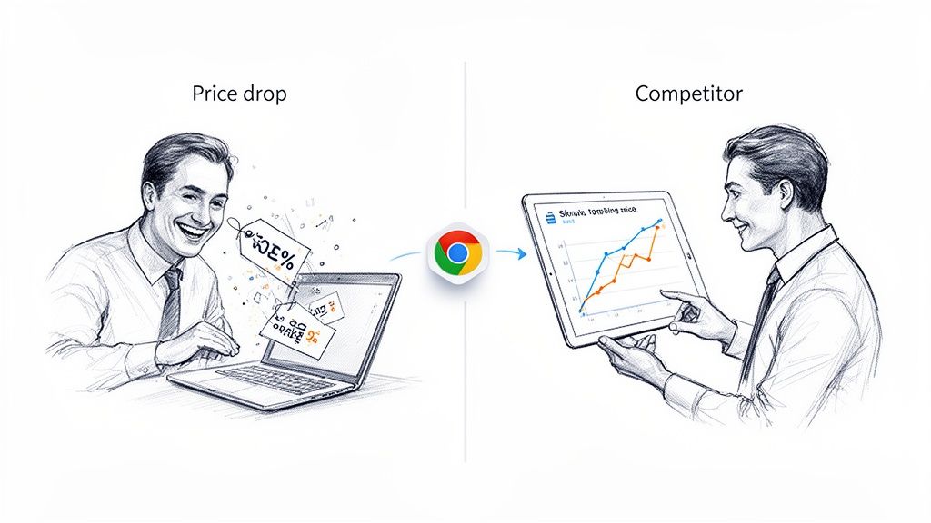 Illustrates price drop detection and competitor tracking using a Chrome extension.
