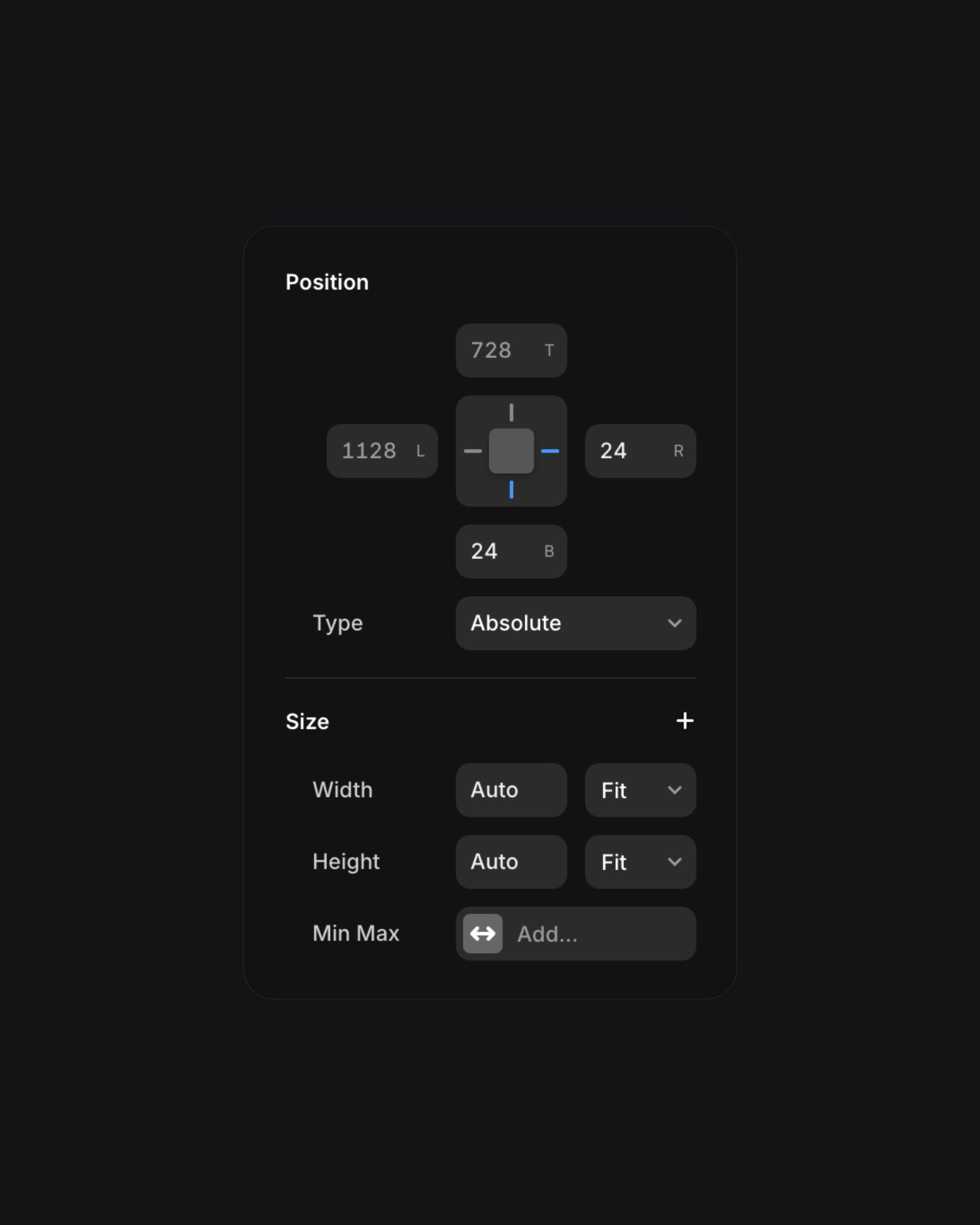 UI design panel displaying absolute positioning controls and size settings for responsive web design