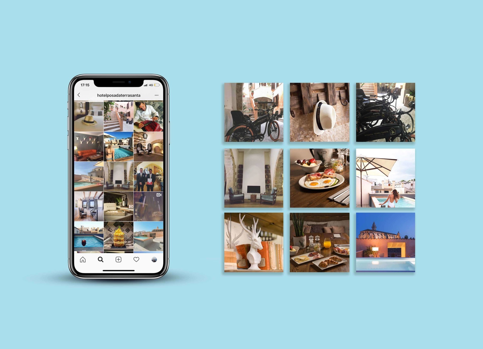 Visual de Instagram de Hotel Posada Terra Santa, mostrando interiores elegantes, gastronomía y comodidades, ideal para turismo y vacaciones en Mallorca.