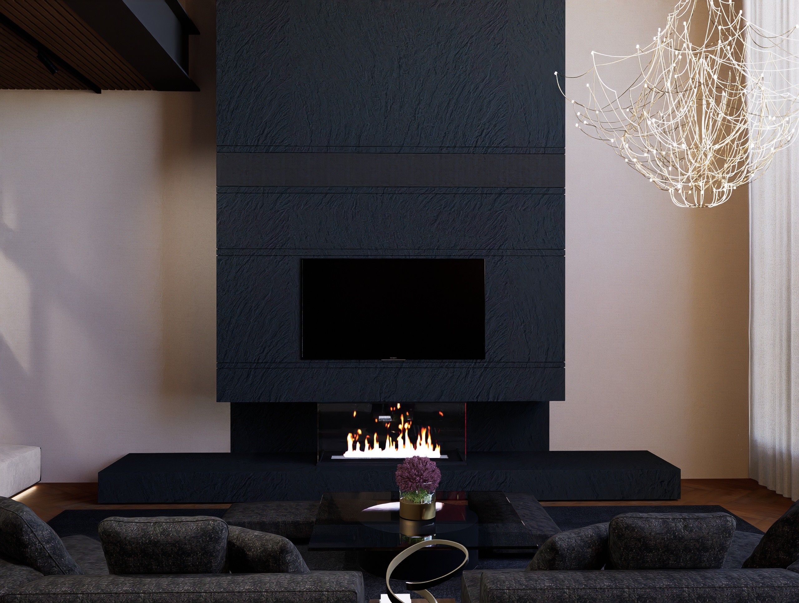 Custom-authored matte-black fireplace monolith as the central focal point of a luxury Limassol residence by topos design studio