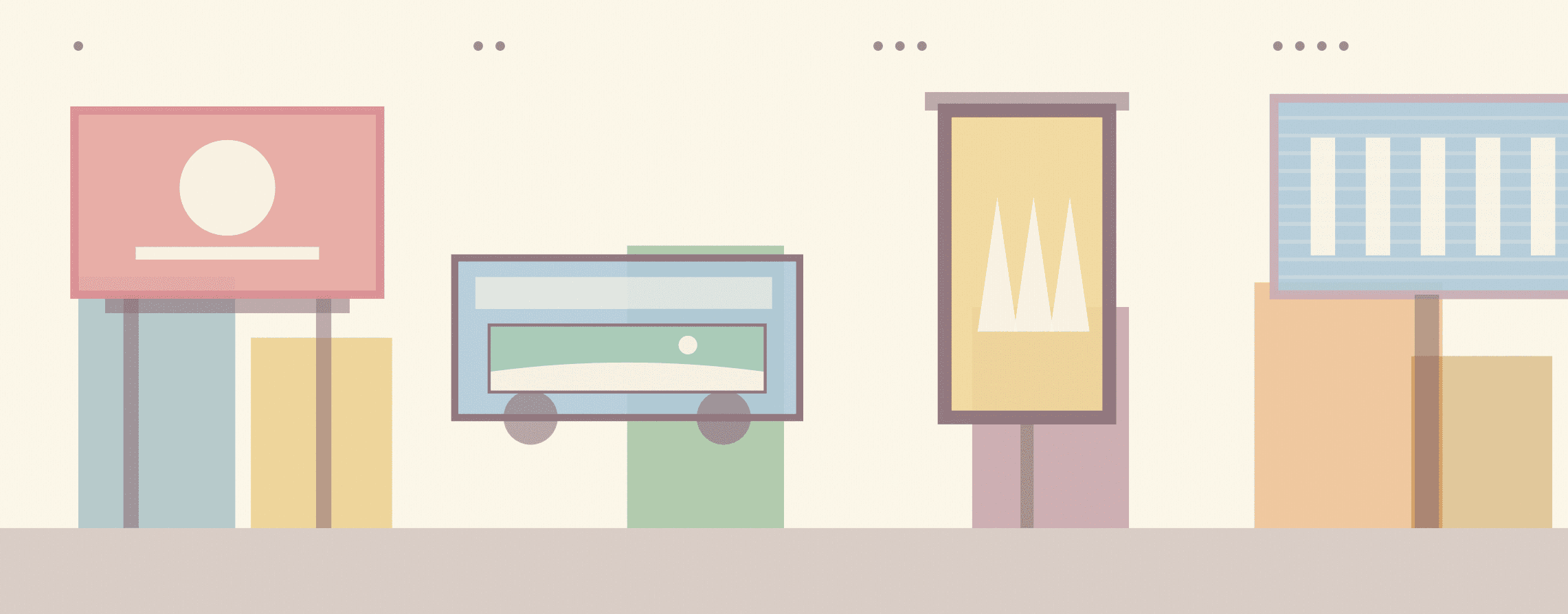 Flat pastel row of the four out-of-home formats on cream over a faint layered skyline: a billboard on posts, a transit bus with a side ad panel, a vertical street-furniture shelter, and a digital screen — outdoor advertising formats. Raised Media Co.