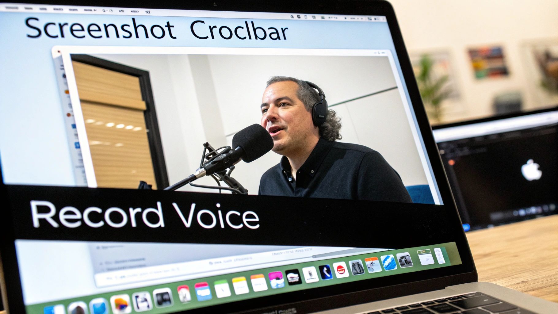 A laptop screen displays a man wearing headphones and speaking into a microphone, recording his voice.