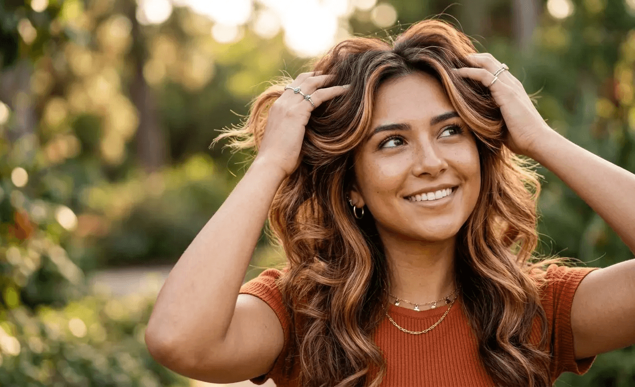 Woman with warm auburn balayage hair smiling at a farmers market in natural sunlight
