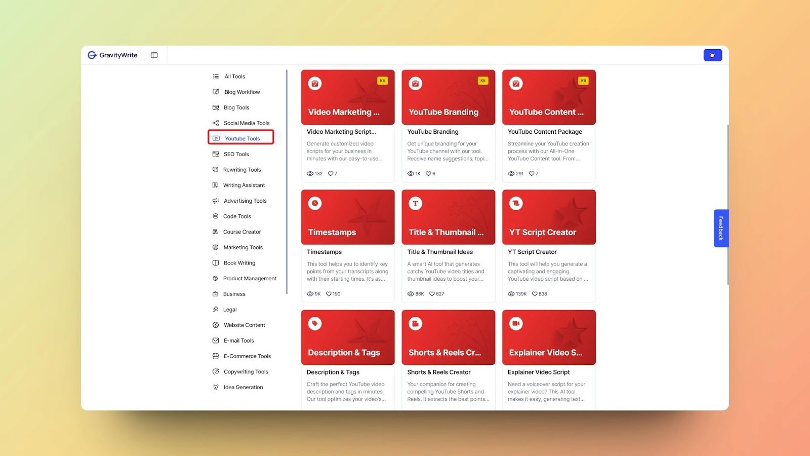 A snapshot of the GravityWrite dashboard highlighting the YouTube Tools section, with various tools available for optimizing YouTube content.