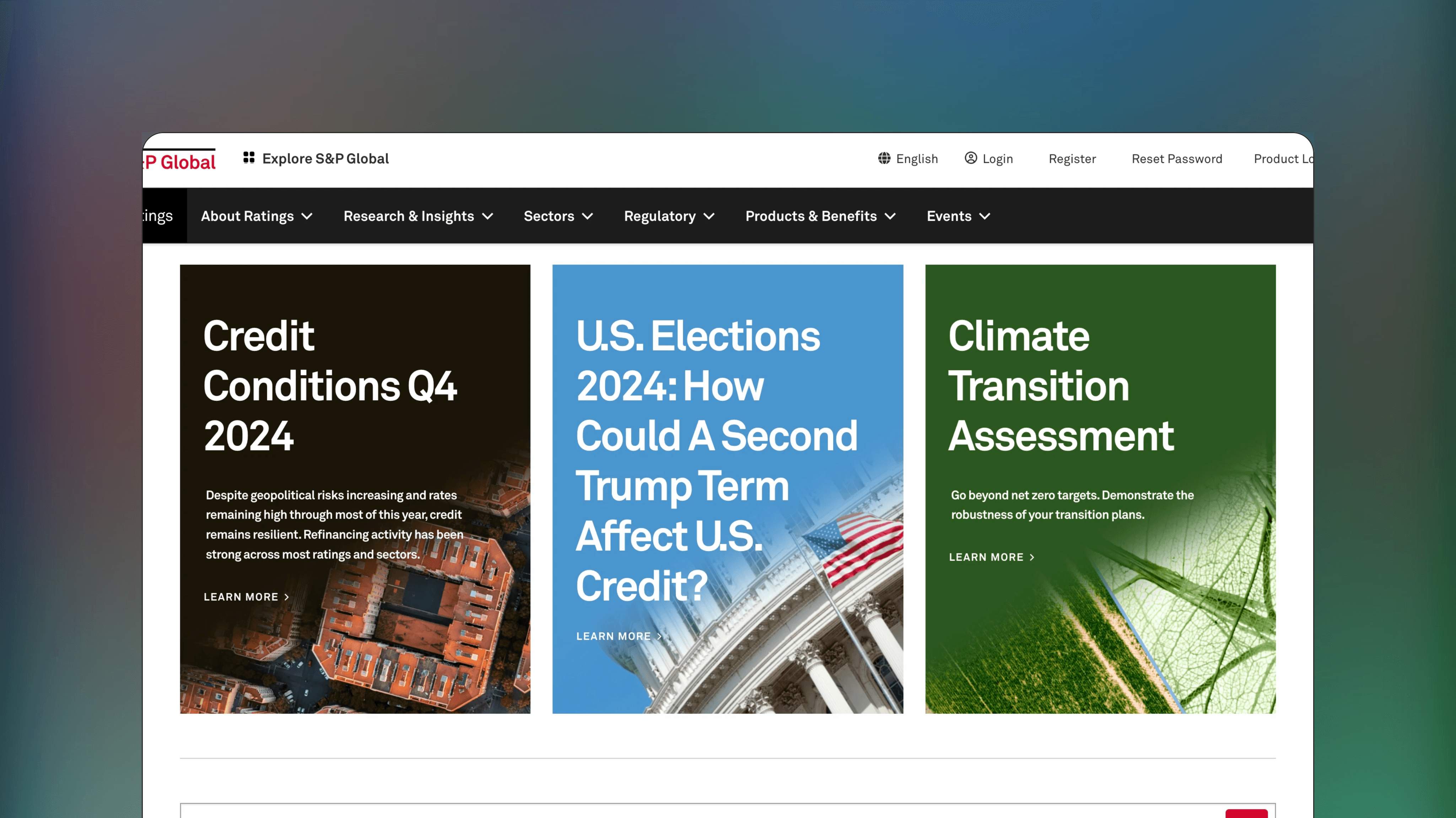 Website preview of S&P Global Ratings, trade analytics screener platform featuring a database of credit ratings and research reports.