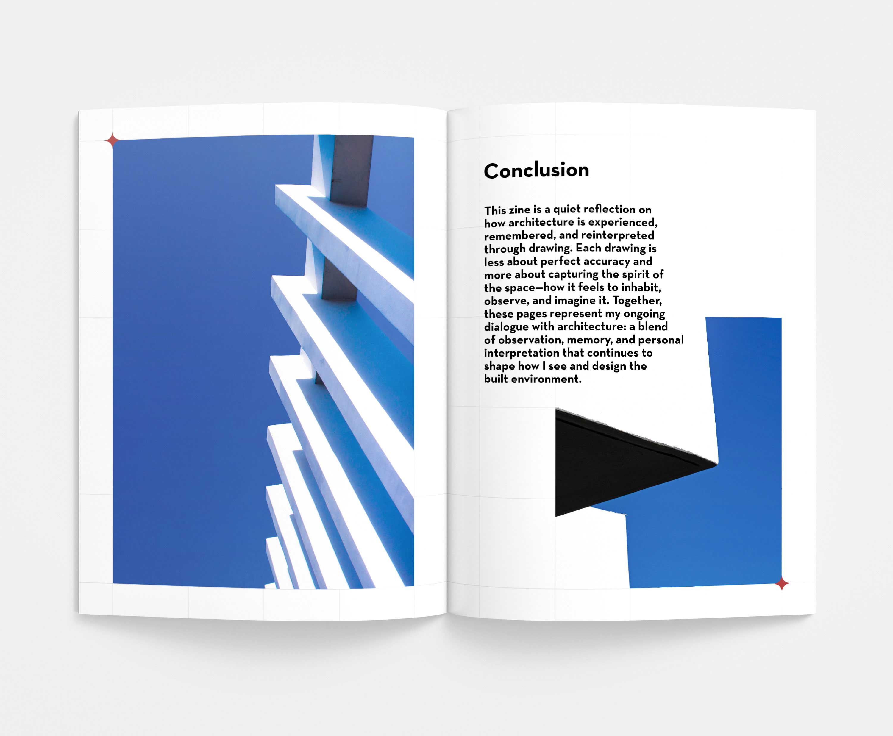 Pages 9 and 10 showcasing the conclusion with white and blue visuals