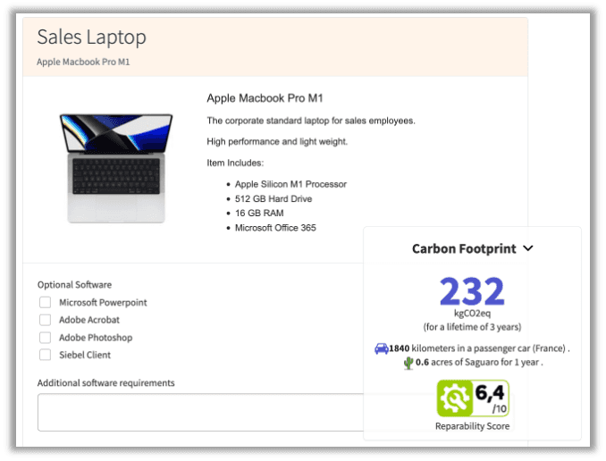 Screenshot of a product eco-score page for a sales laptop (Apple MacBook Pro M1). It includes technical specifications, optional software, and a carbon footprint of 232 kgCO₂e over 3 years. The footprint is contextualized with visual equivalents (e.g., kilometers driven, acres of Saguaro preserved), and a repairability score of 6.4/10.