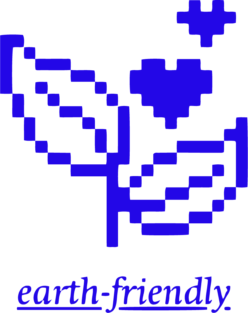 A screenshot of a portion of a stylized description of Lor Tush’s toilet paper. There is blue pixelated graphic of some leaves and heart with “earth friendly” written below it in blue underlined text