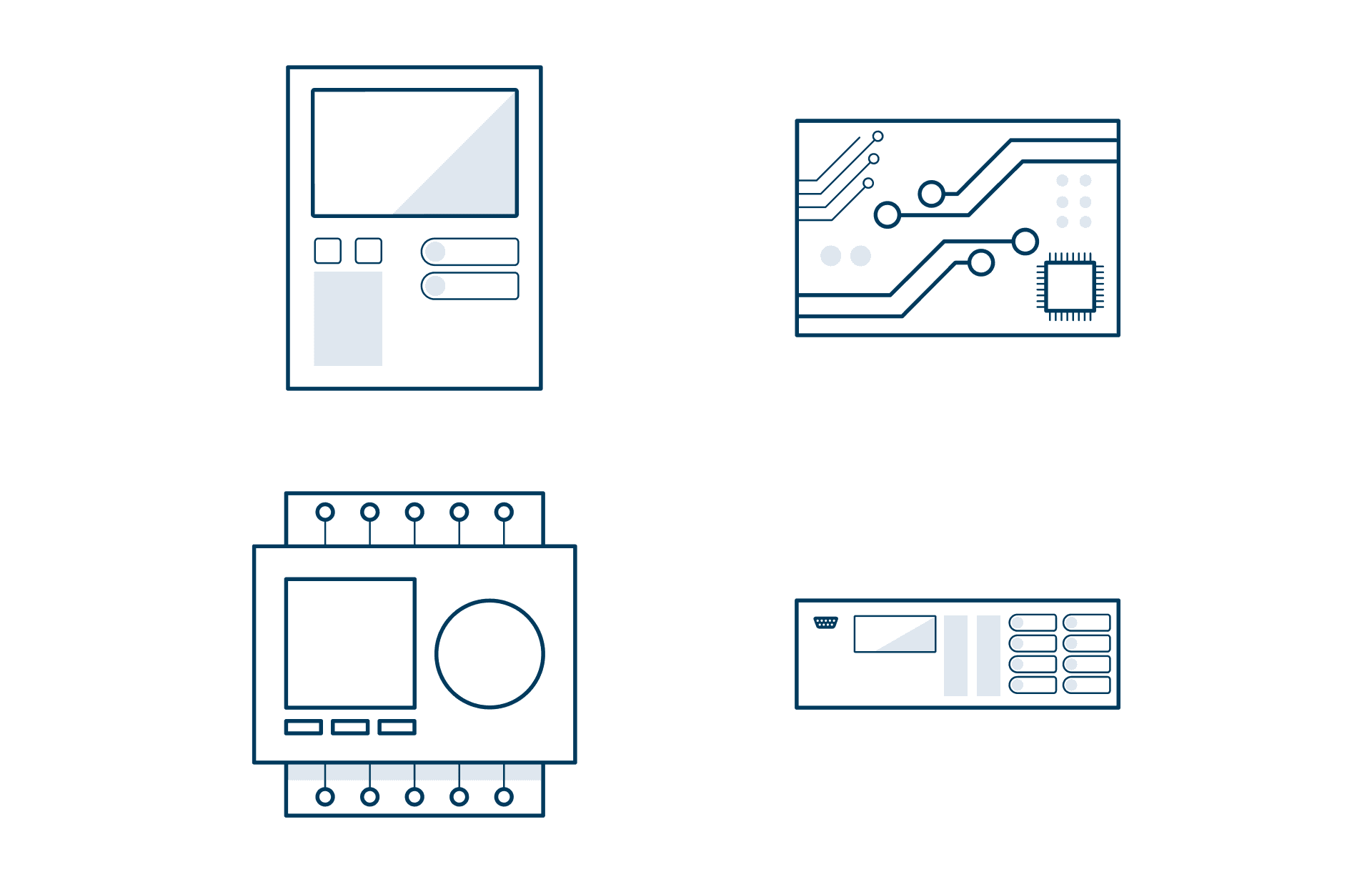 4 pictograms arranged 2 by 2. They depict a vertical SEL product, a printed circuit board, a switch control, and a horizontal SEL product