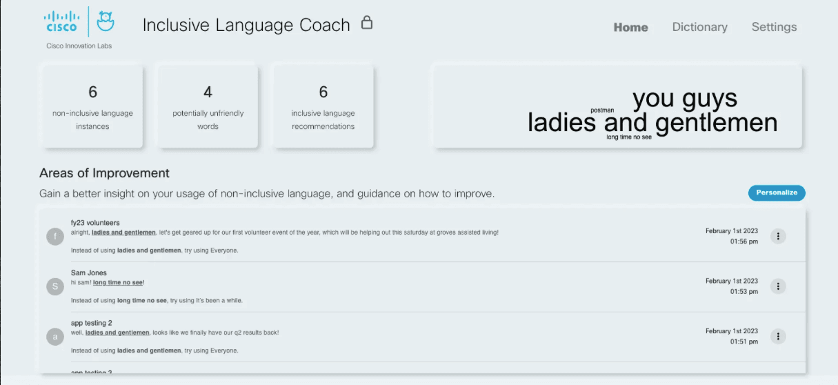 UI for inclusive language coaching app