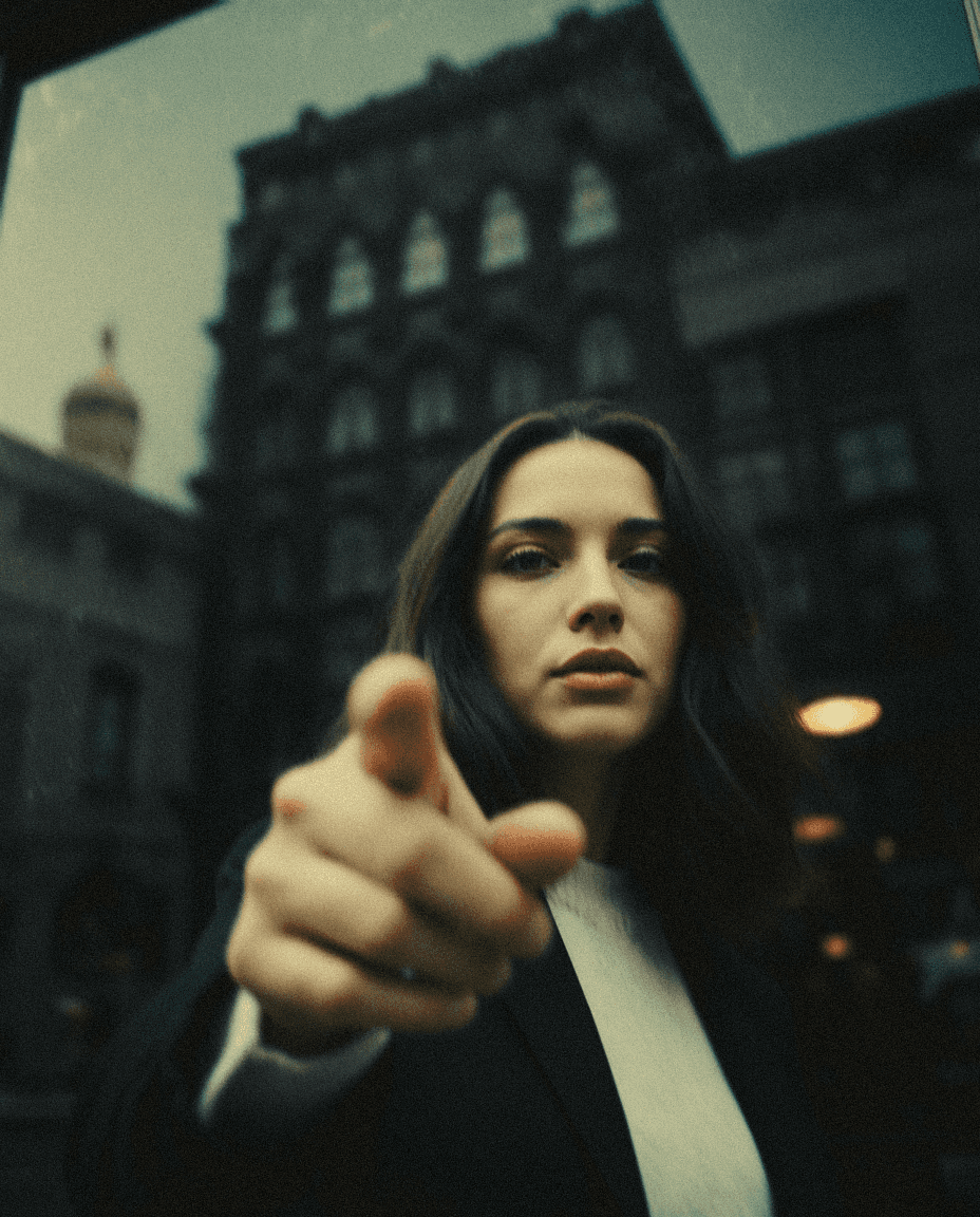Femal model in front of a shop window as she points at the camera