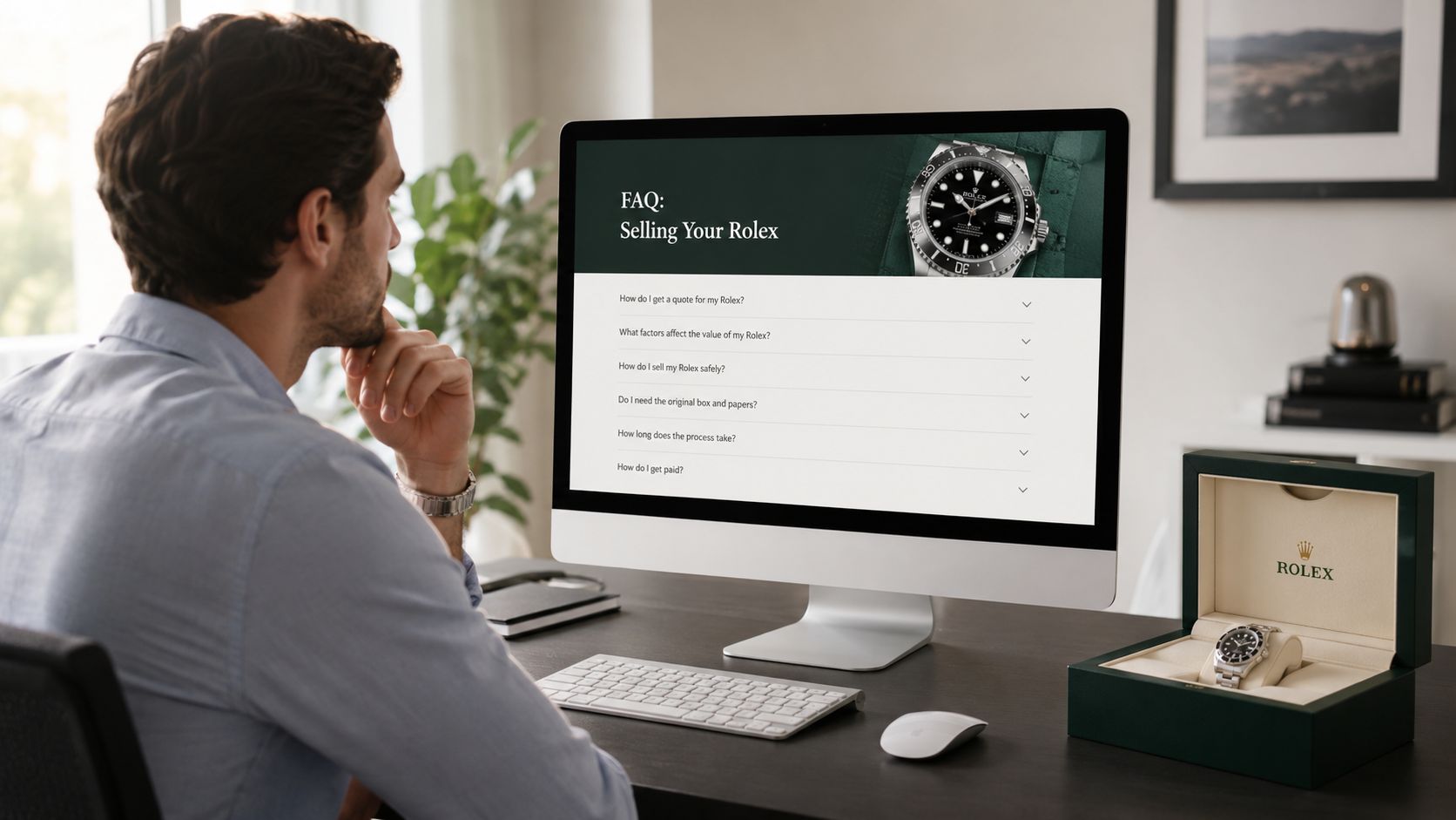 A man in a blue shirt sits at a desk viewing a Rolex watch selling FAQ page on a computer.