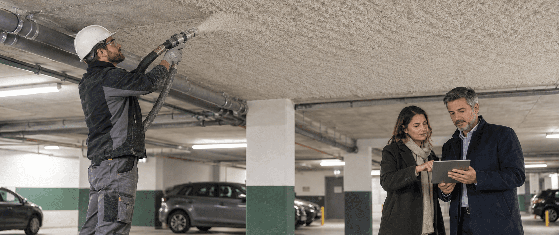 Un technicien projette un isolant sous le plancher bas d'un parking de copropriété pendant que deux représentants examinent le projet.