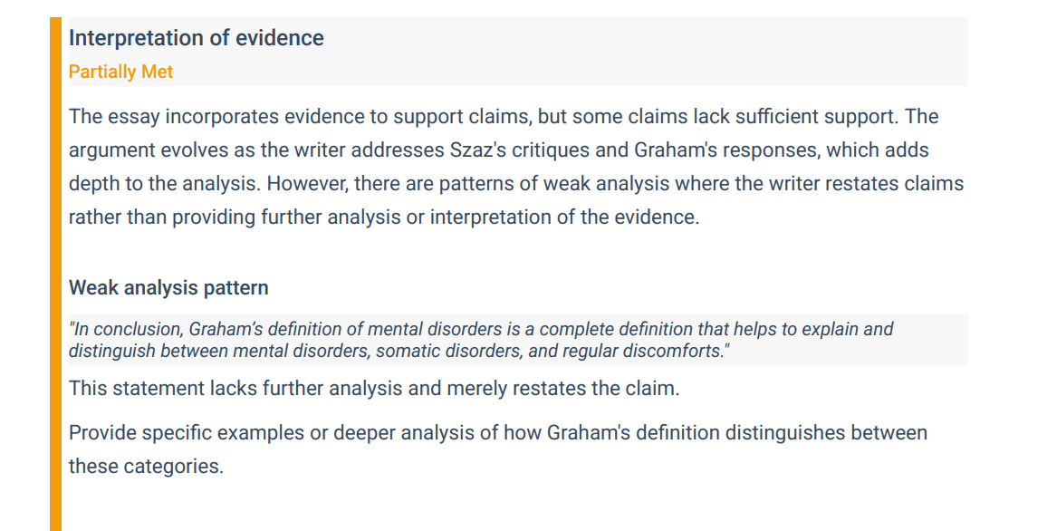thesify interpretation of evidence rubric showing a partially met rating, diagnostic comment, and a quoted sentence from the essay with guidance to deepen analysis.