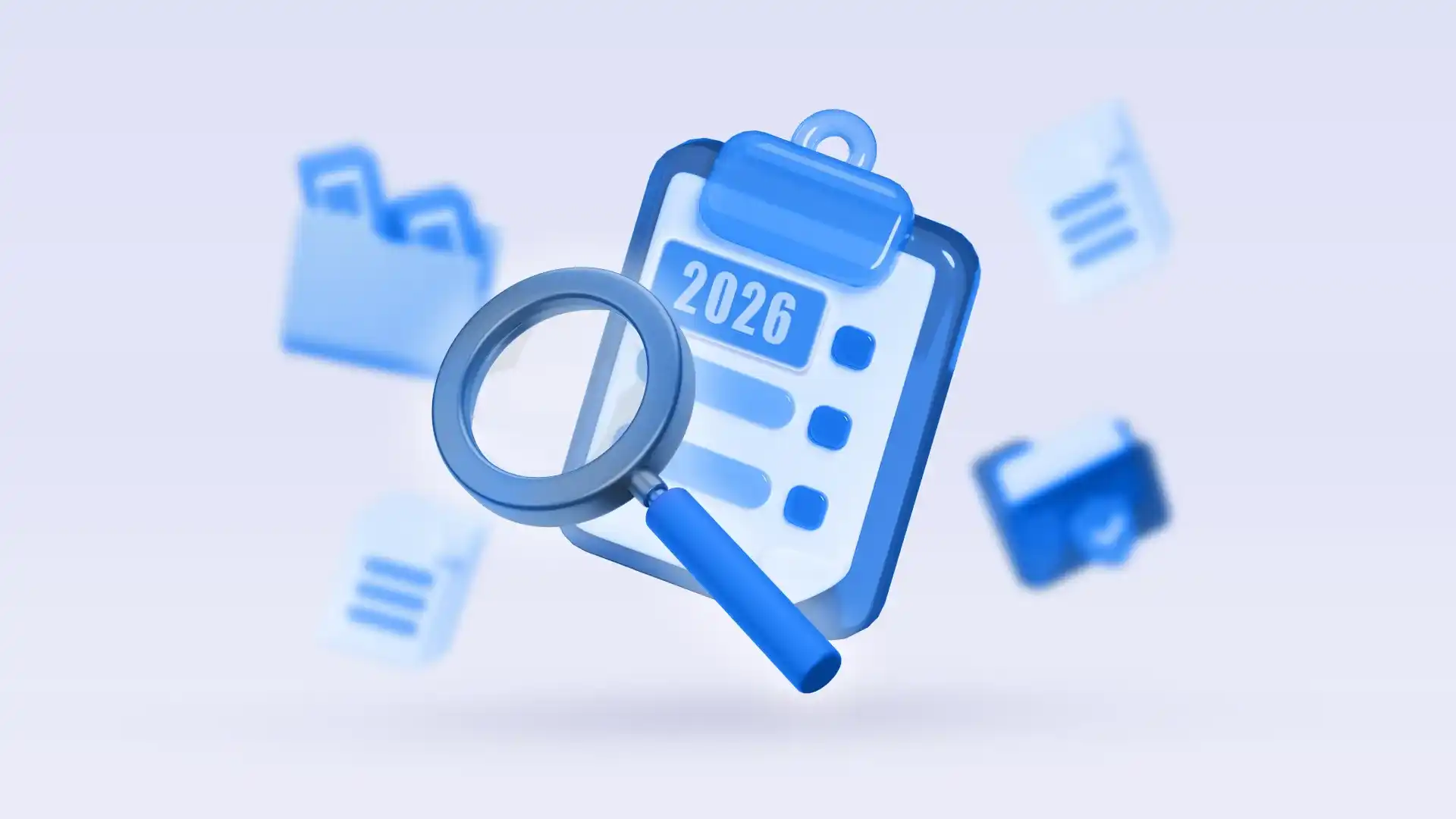 pagina del 2026 con immagine lente di ingrandimento e diverse icone