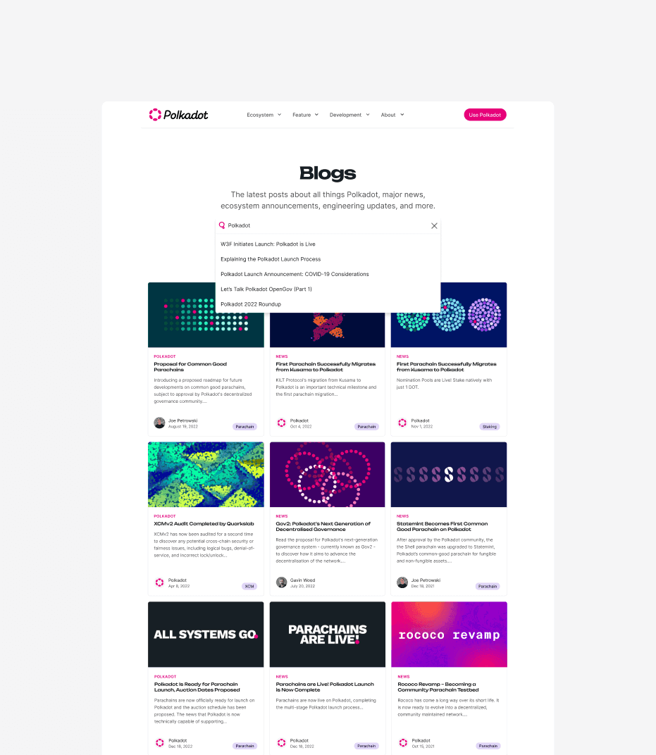A functional blog archive page design for Polkadot featuring a grid of content cards with colorful thumbnail art. The UI includes an active search dropdown overlay and metadata tags like "Parachain" and "Governance," demonstrating a clean, user-friendly information architecture and typographic hierarchy.