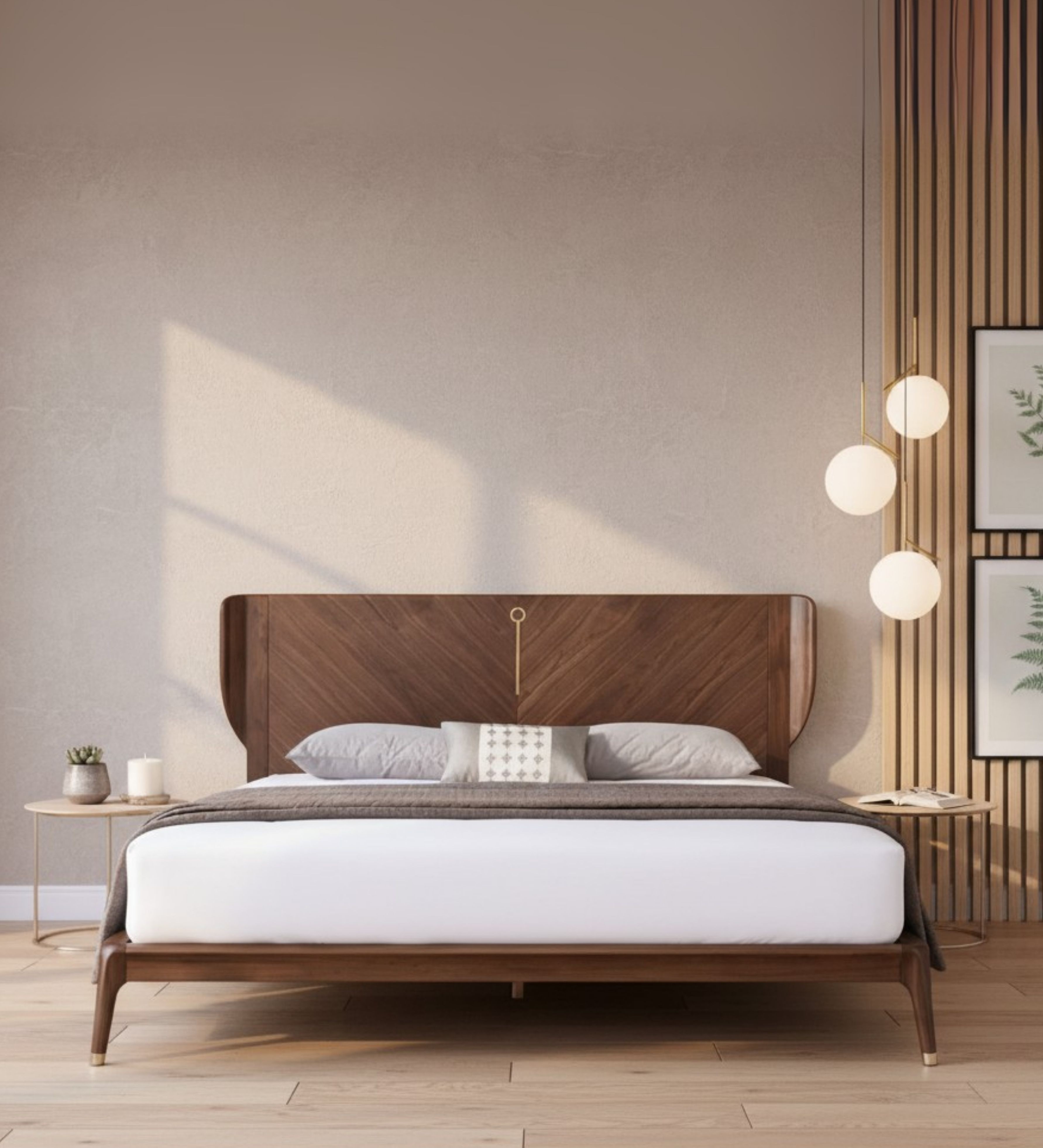 Statement bed with sculpted wooden headboard, integrated side panels, and bold form