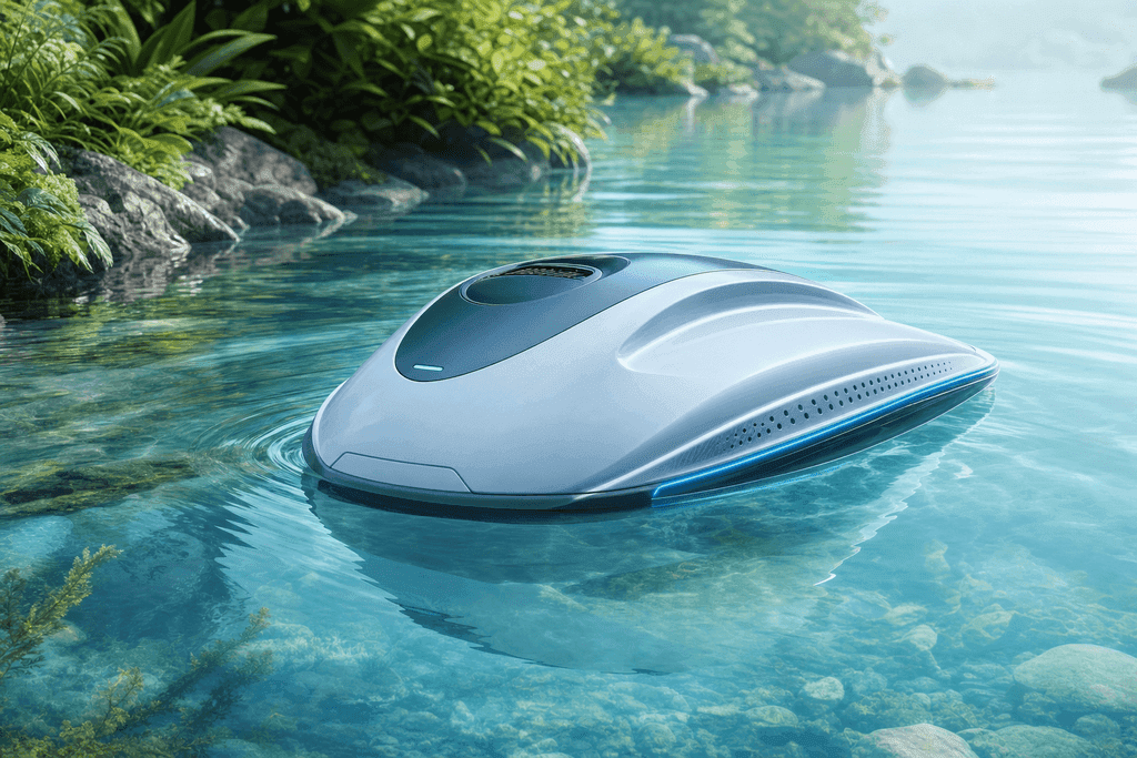 A sleek, futuristic aquatic device partially submerged in calm, crystal-clear water, surrounded by gentle ripples and hints of lush green foliage on the shore; the atmosphere is serene and innovative, with soft diffused lighting, smooth metallic textures, and a clean, modern composition using pastel blues and greens, subtle gradients, and no characters, text, or humans.