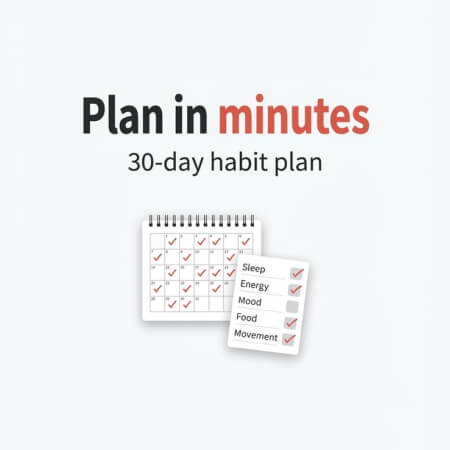 One doable 30-day habit plan prompt thumbnail showing “Plan in minutes” with a calendar tick grid and sleep, energy, mood, food, and movement checklist for menopause coaches
