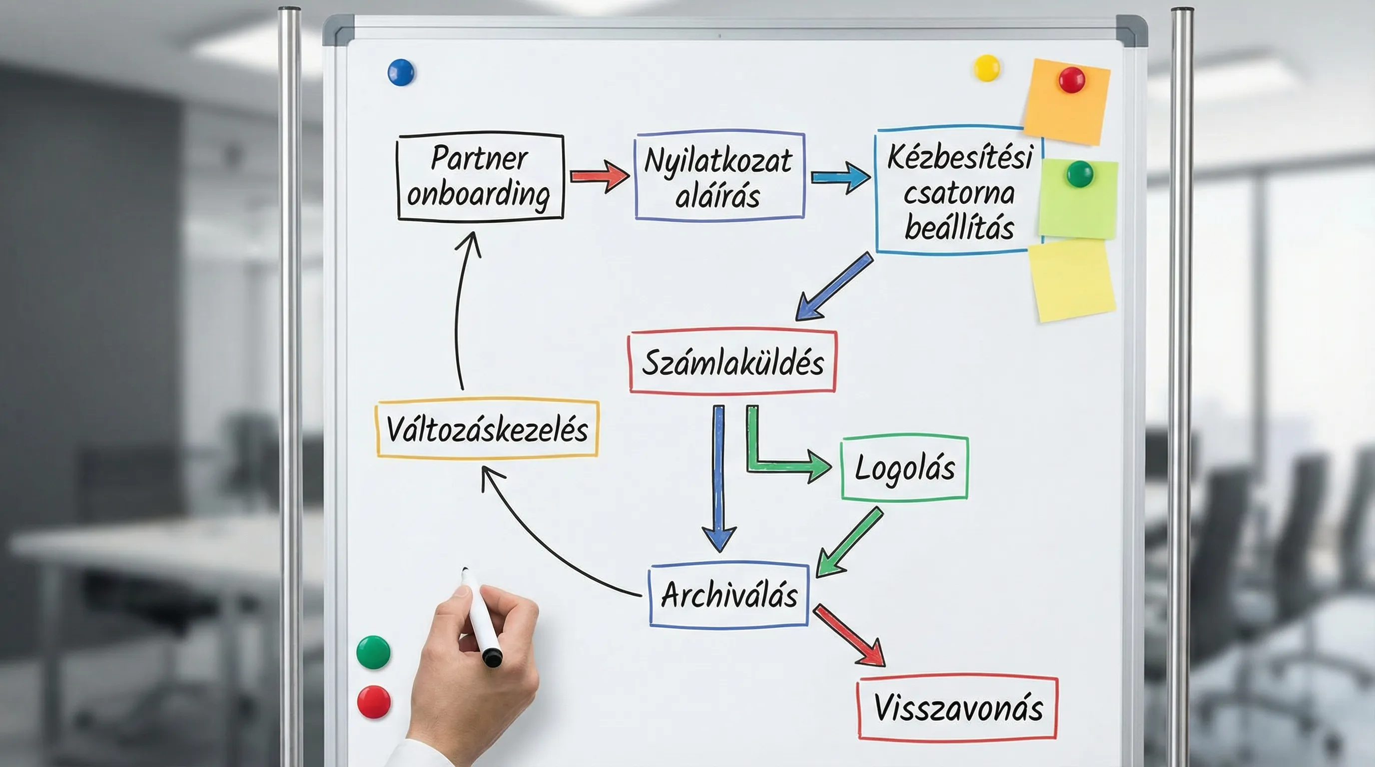 E-számla nyilatkozat életciklusa egy folyamatábrán: partner onboarding, nyilatkozat aláírás, kézbesítési csatorna beállítás, számlaküldés, logolás, archiválás, változáskezelés és visszavonás.