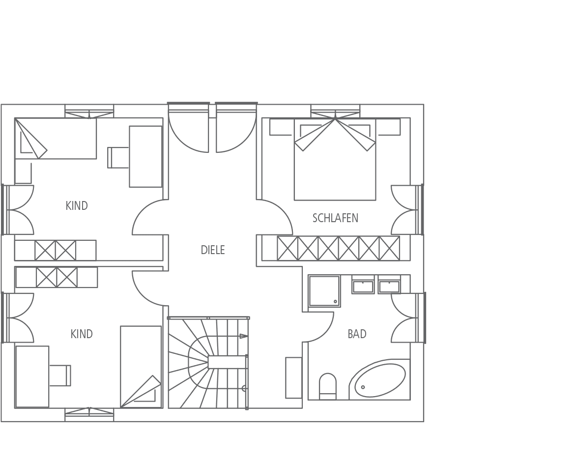 Grundriss eines Hauses mit Diele, zwei Kinderzimmern, Schlafzimmer und Bad inklusive einer Wendeltreppe.