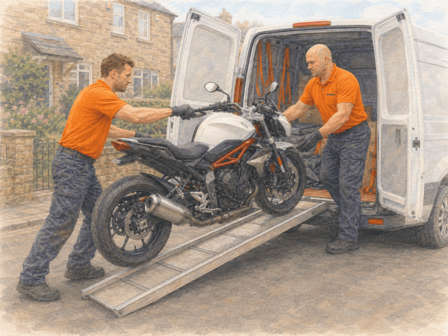 Two van drivers loading household boxes and furniture into a white van for a UK house move