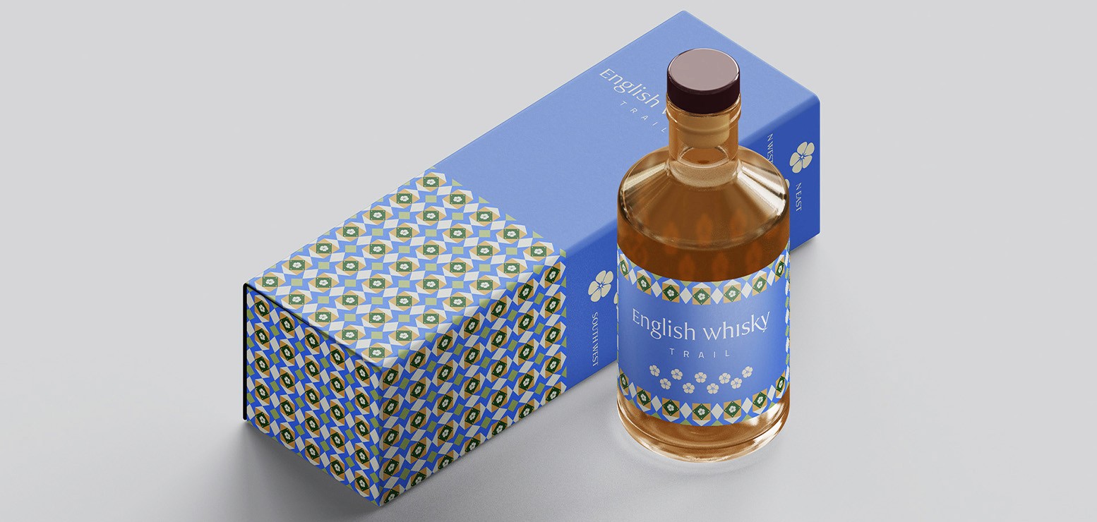English Whisky Trails promotional packaging and whisky bottle design 