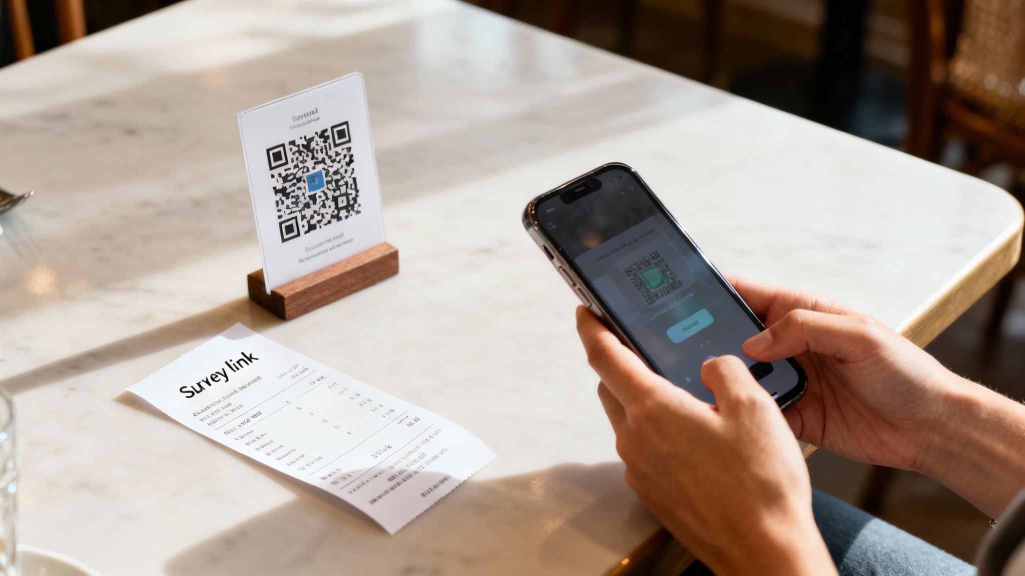 A person uses a smartphone to scan a QR code on a table for an online customer survey.
