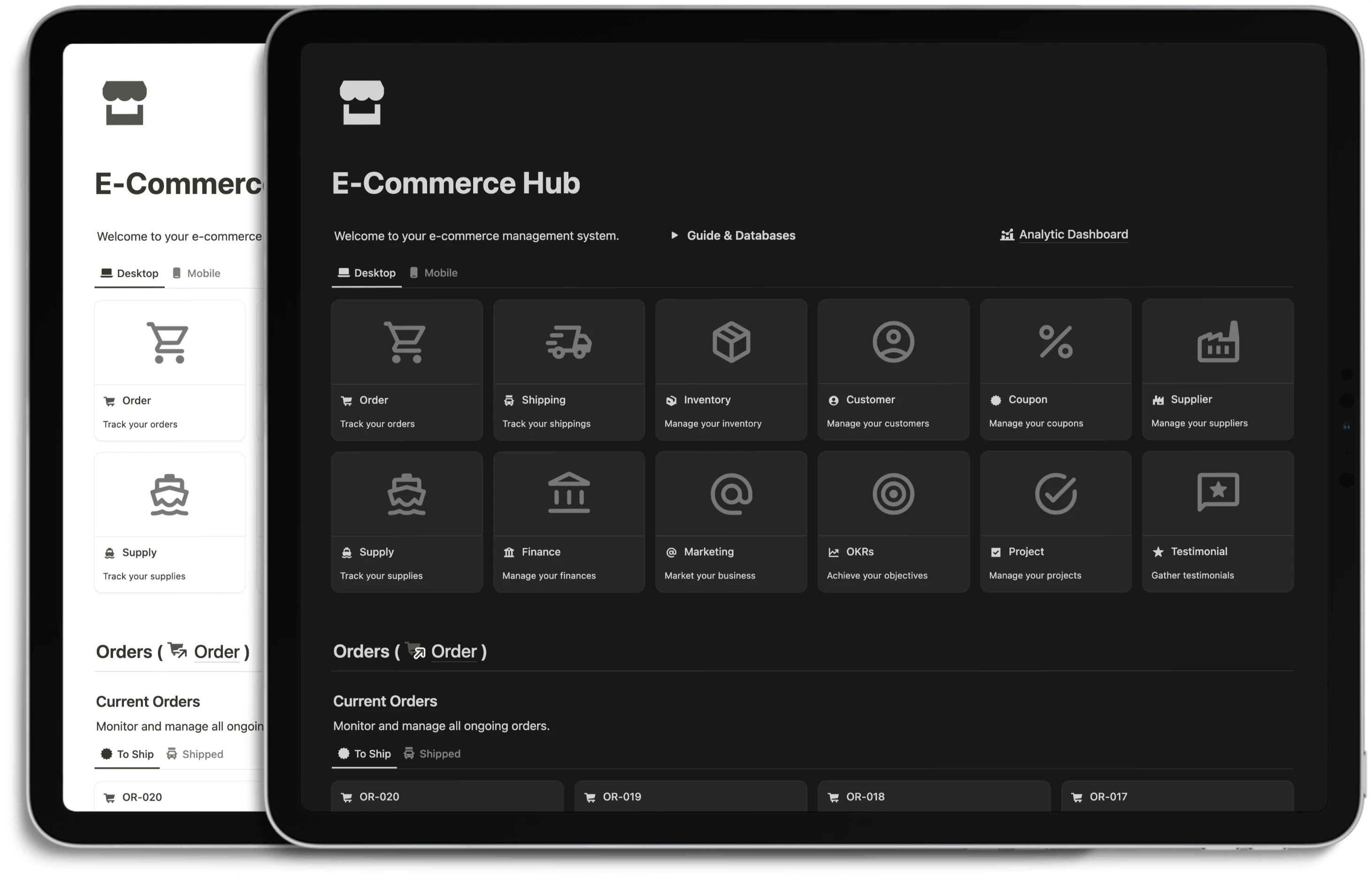 Notion E-Commerce Hub - Light/Dark Mode