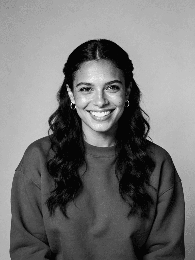 A smiling woman with wavy dark hair, wearing a blue sweatshirt and gold earrings, against a neutral gray background.