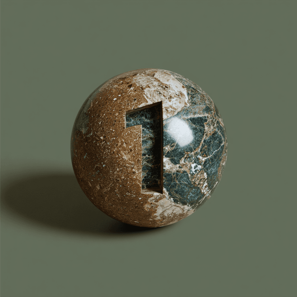 A textured marble sphere, half brown and half dark green, features a carved number "1" representing a key digital product.