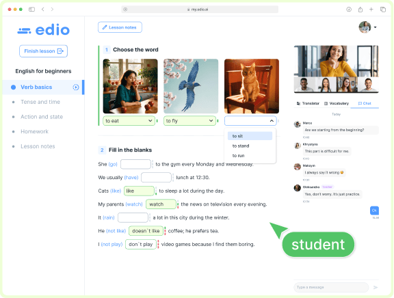Virtual classroom in edio — teacher and student view during a live online language lesson - student view