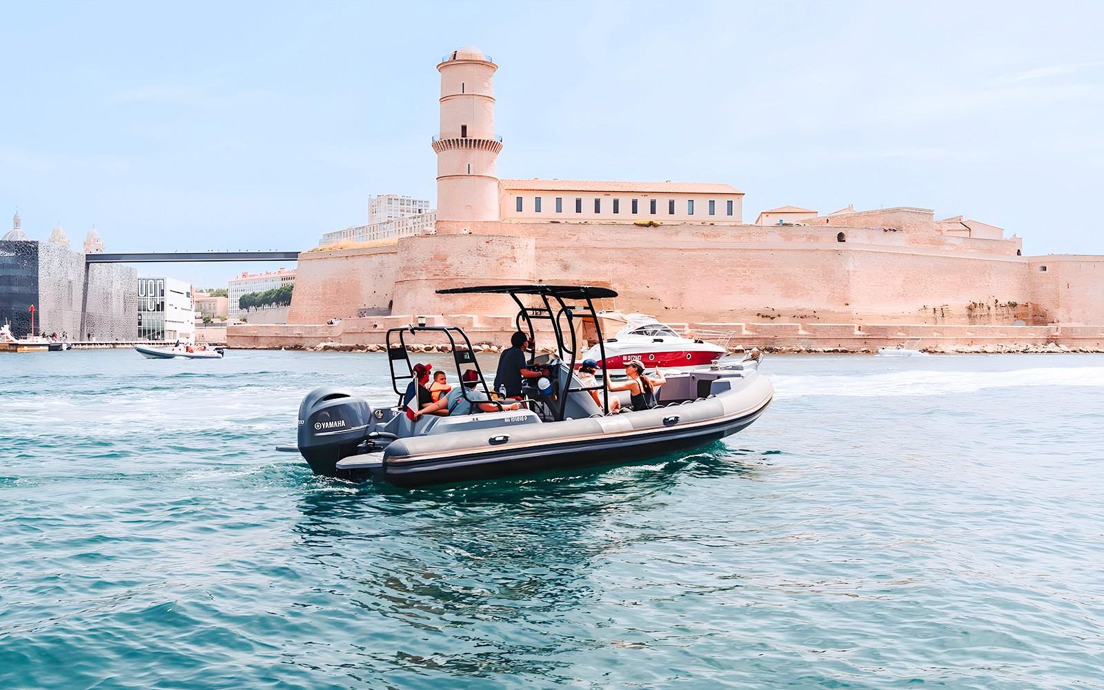 Boat tour near Fort Saint-Jean in Marseille, France.