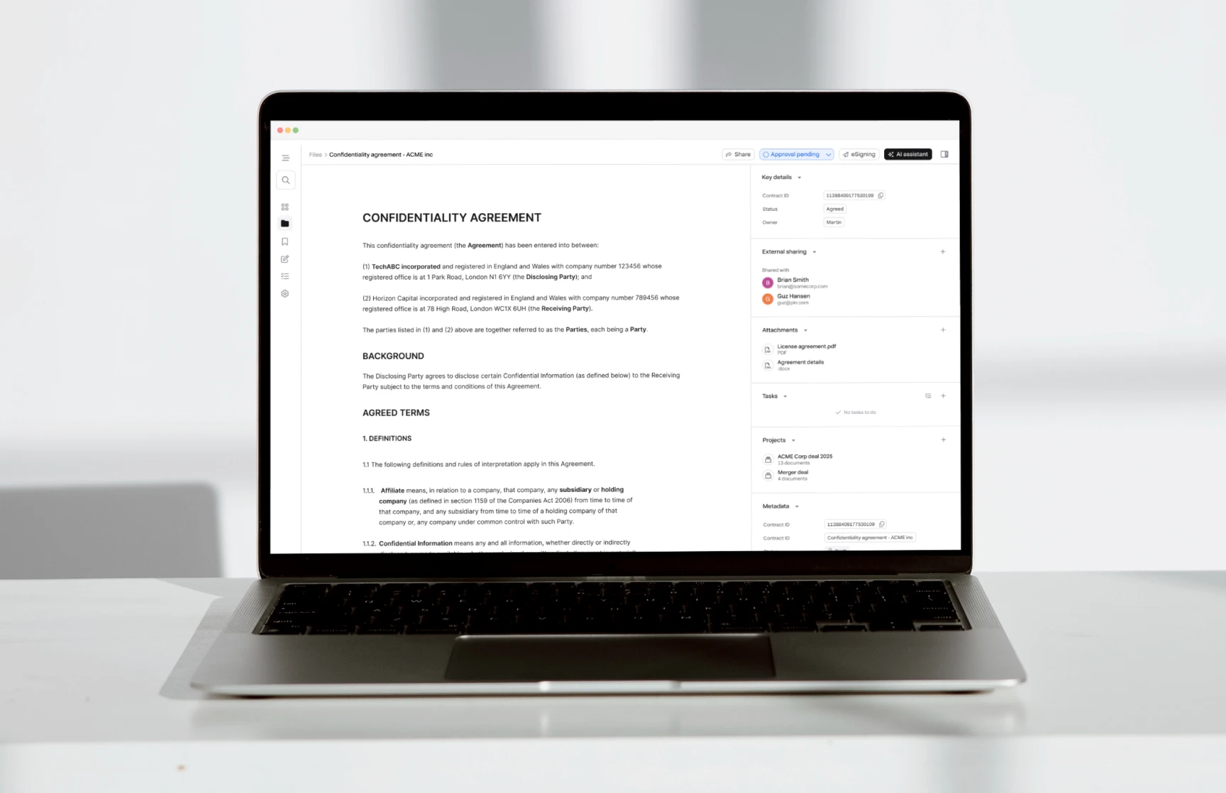 AI-based contract management software Pocketlaw for businesses of all sizes (small, medium, large), showcasing a user-friendly dashboard that streamlines legal workflow for clients and customers with options to create, review, and upload documents, access templates, and monitor document statistics.